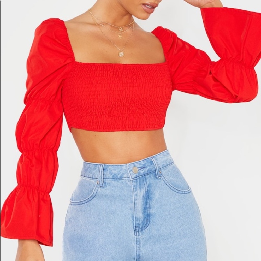 pretty little thing red smocked crop top